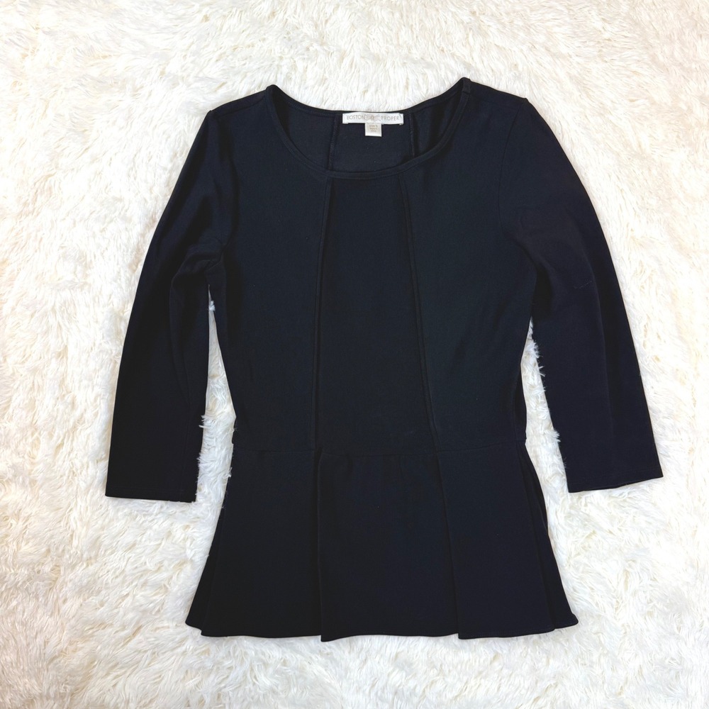 Boston Proper Peplum Top Women Small Black 3/4 Sleeve Seamed Knit Blouse